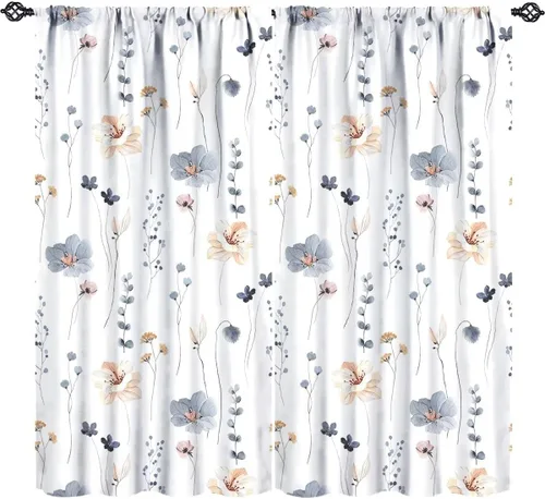 Vista 16 de Cortinas de cocina con hojas de acuarela, diseño de girasol, floral, plantas campestres, primavera, naturaleza, arte, impreso, tela para el hogar