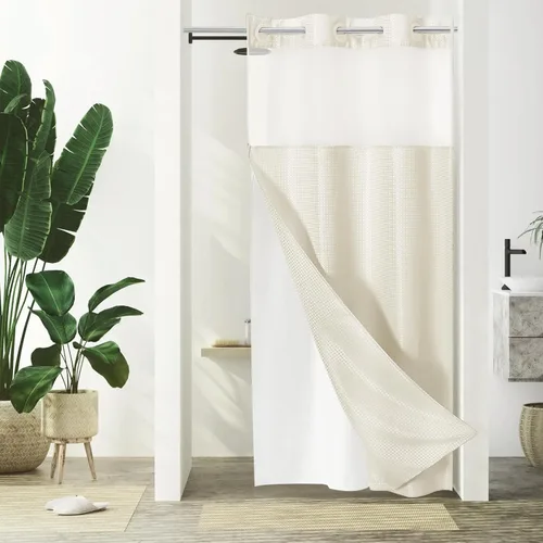 Vista 43 de Gibelle: cortina de ducha pequeña para baño de 36x74, cortina de ducha de punto gofre con juego de forro de tela a presión, no necesita ganchos