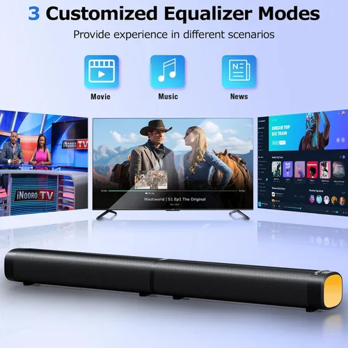 Vista 5 de Barra de sonido para Smart TV, barra de sonido de 100 W con 3 luces RGB dinámicas, Bluetooth 5.3, conexión ARC/Opt/AUX, volumen dinámico 3 modos