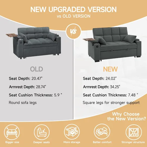 Vista 6 de Auvsoce - Sofá cama biplaza de 65 pulgadas, sofá convertible para sala de estar, sofá para RV con respaldo ajustable, chaise longue, mesa lateral