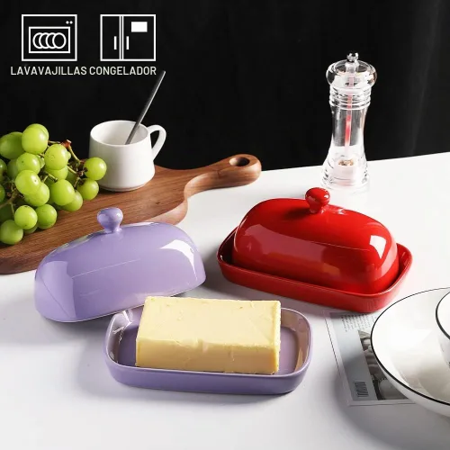 Vista 2 de Sweejar - Mantequillera de cerámica con tapa para encimera, mantequera de porcelana con asa de perilla, recipiente de mantequilla para mantequilla