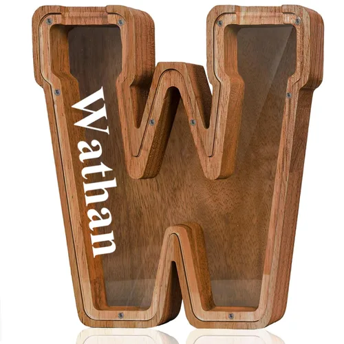 Vista 12 de Alcancía de madera grande personalizada con letras – Alcancía de letras para niños y niñas, regalo de cumpleaños (A)