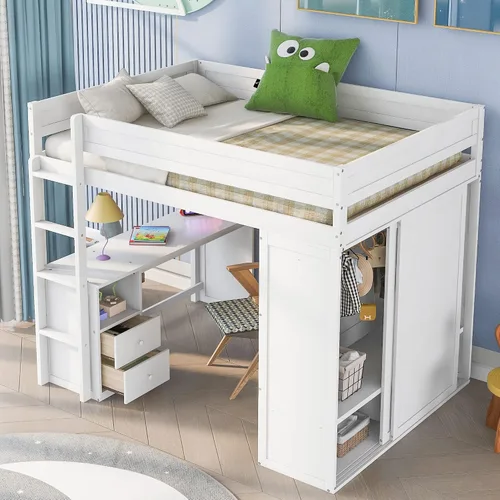 Vista 35 de Cama loft de madera tamaño matrimonial con escritorio en forma de U y espejo de tres pliegues, base de cama tipo loft multifunción con Espresso-10.16