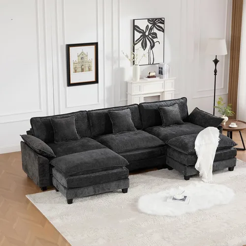 Vista 276 de Sofá seccional modular verde de 111.5", sofás seccionales grandes de 3 plazas para sala de estar, sofá nube oversized de tela chenille con otomana