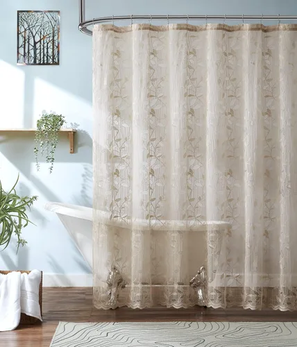 Vista 5 de ASATEX Cortina de ducha de encaje semitransparente gris. Cortina de baño romántica con patrón de hojas florales de 36 x 72 pulgadas. Haz que el baño