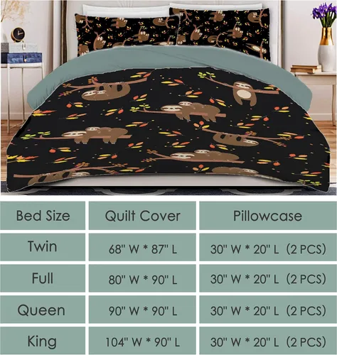 Vista 5 de Juego de funda de edredón de 3 piezas con diseño de perezosos de hojas de otoño (tamaño individual) con 2 fundas de almohada, juego de funda