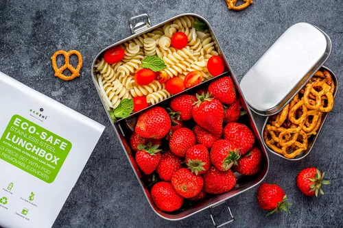 Vista 2 de ecozoi Lonchera Bento de acero inoxidable, 50 onzas, lonchera de 2 compartimentos con divisor extraíble y mini cápsula de salsa, a prueba de fugas