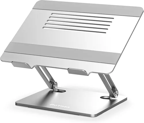 Vista 9 de BoYata Soporte para laptop, elevador ajustable para laptop con silicona deslizante y ganchos protectores, soporte para laptop de hasta 17 pulgadas