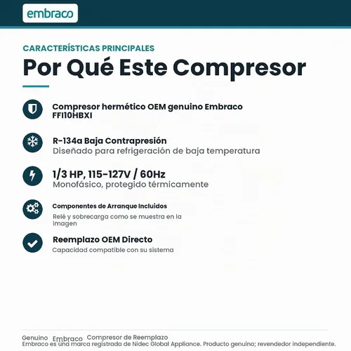 Vista 3 de EMBRACO Compresor de refrigeración FFI10HBX1 R-134A 1/3 HP