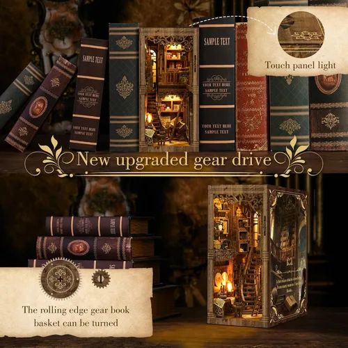 Vista 5 de Kit de rincón de libros – (edición clásica) – Rompecabezas de madera en miniatura de bricolaje Sala de colección de libros vintage con luces LED