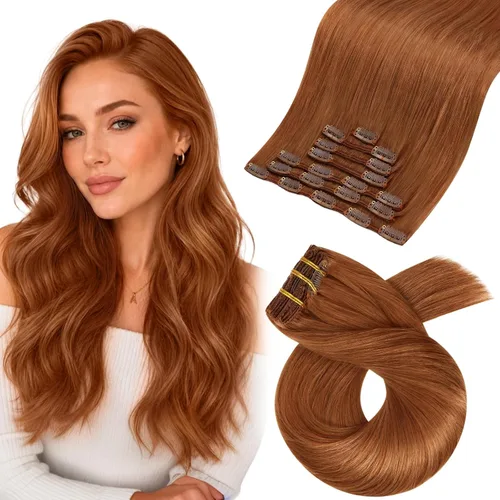 Vista 70 de Moresoo Extensiones de cabello humano con clip, balayage, color marrón oscuro a marrón dorado con clip, extensiones de cabello humano con clip, 5