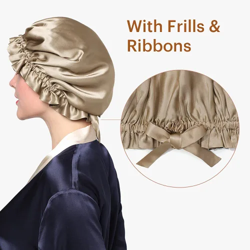 Vista 4 de LilySilk Gorra con forro de seda pura para mujer, doble capa, cintas ajustables, gorra de seda natural de lujo para dormir café + negro