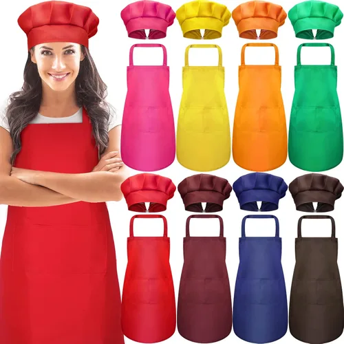 Vista 12 de SATINIOR Juego de 8 delantales de chef, sombrero de chef ajustable y delantal con bolsillos para adultos, mujeres y hombres cocineros