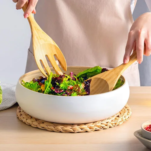 Vista 3 de Dehaus Servidores de ensalada de bambú extra grandes de 12 pulgadas - Cucharas de madera para servir ensaladas - Utensilios ecológicos - Manos