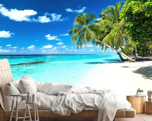 Vista 18 de Reyhui - Papel tapiz con imagen de palmera, paraíso tropical, playa, paisaje marino, para paredes de dormitorio, sala de estar, fondo de televisión