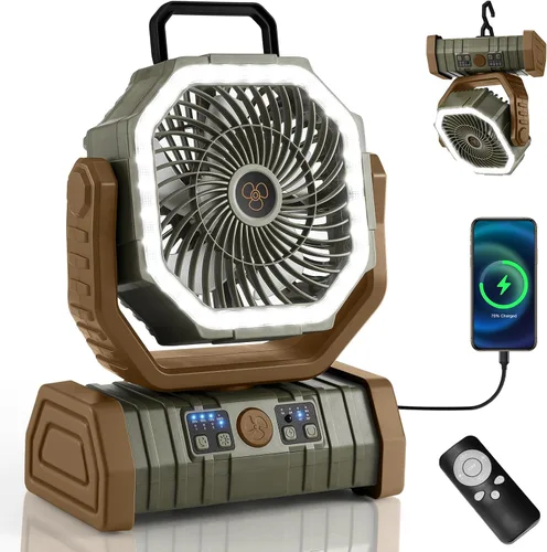 Vista 11 de Odoland Ventilador de camping de 30000 mAh con linterna LED, recargable, funciona con batería, oscilante con control remoto y gancho, ventilador
