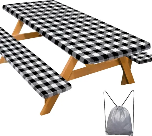 Vista 13 de Funda de mesa de picnic con fundas para bancos Esenciales de camping Mantel de picnic impermeable y a prueba de viento con bolsa de cordón, funda
