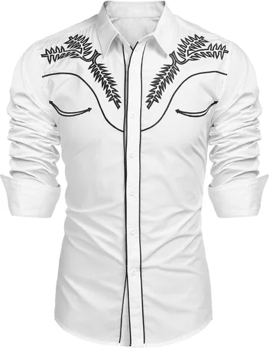 Vista 16 de COOFANDY Camisa occidental para hombre de manga larga con bordados, camisa de vaquero casual con botones café (01-Coffee(Pattern1))