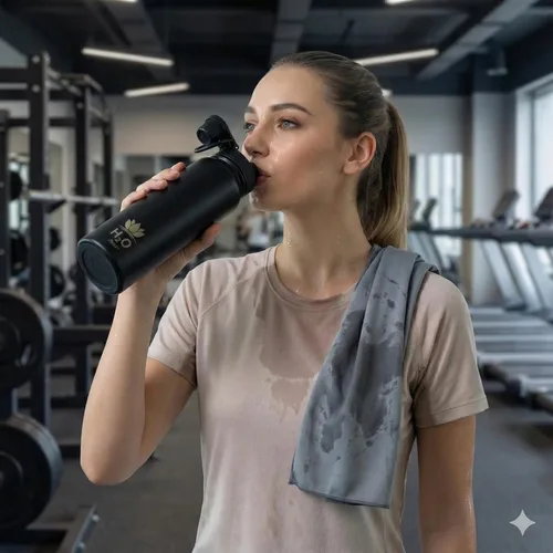 Vista 7 de Botella de agua prémium de 1 litro (33.8 onzas) con funda de transporte y correa, botella de agua de acero inoxidable aislada al vacío de doble Negro