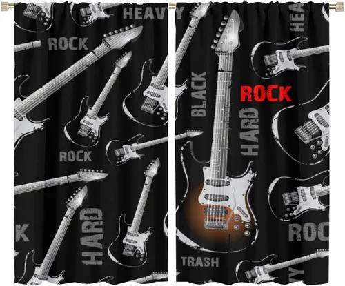 Vista 32 de Cortinas de música rock para adolescentes, tratamiento de ventana de guitarra electrónica para dormitorio, sala de estar, cortinas de ventana