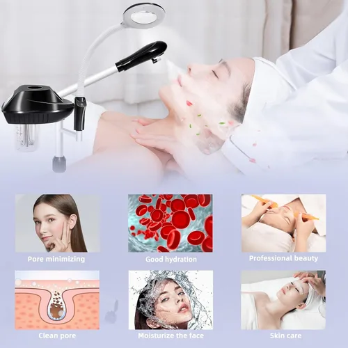 Vista 3 de Vaporizador facial profesional, vaporizador facial 2 en 1 con lámpara de aumento 5X para limpieza profunda e hidratación, vaporizador facial sobre
