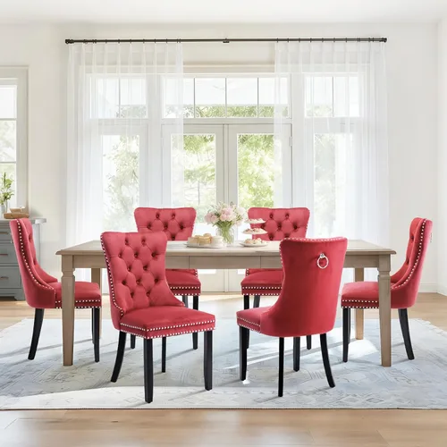 Vista 75 de Juego de 2 sillas de comedor de terciopelo con patas de madera, color beige Mid Century Modern Dining Chairs,Upholstered Chairs with Nailhead