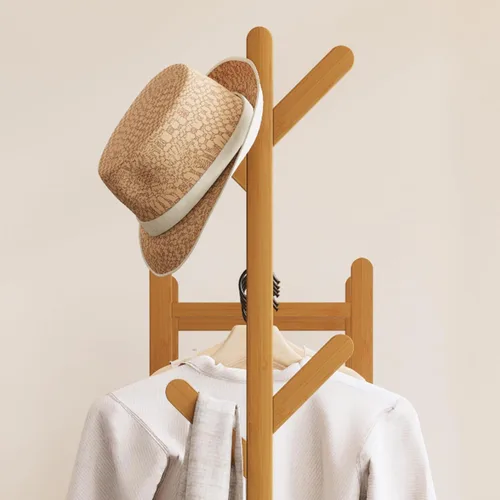 Vista 7 de Perchero de Ropa de Bambú, Perchero con Cajones y Estantes, Estantes de Almacenamiento de 5 Niveles con 6 Ganchos para Colgar, Armario Closet