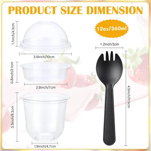 Vista 2 de 60 paquetes de tazas de postre transparentes de plástico con tapas de cúpula sin agujero, desechables, con cuchara-tenedor insertado, redondas
