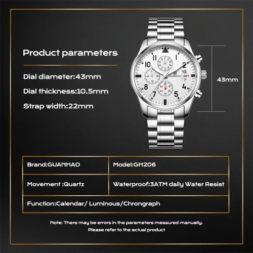 Vista 7 de GUANHAO Silver Watches for Men, Fashion Stainless Steel Watch Waterproof Chronograph Calendar Multifunction Casual Quartz Watches with BlackWhite