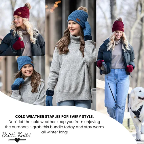 Vista 5 de Britt's Knits Classics - Gorro de punto con pompones (carbón) y guantes de invierno de punto ultrasuave (gris jaspeado)
