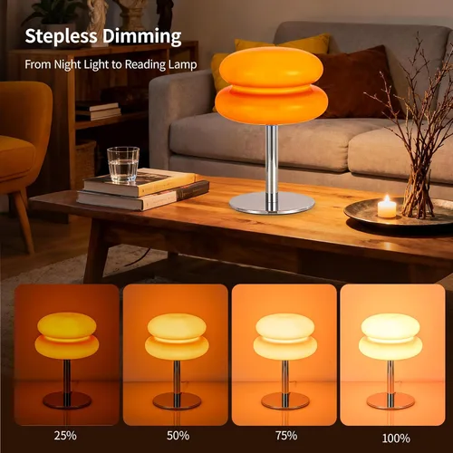 Vista 3 de Lámpara vintage de hongos, lámpara de cristal naranja con base de metal, lámpara de mesita de noche regulable para dormitorio, sala de estar