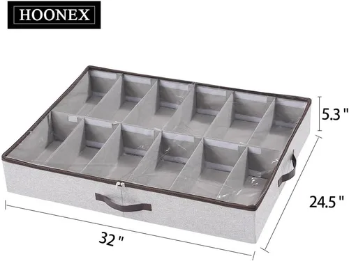 Vista 5 de HOONEX Organizador de almacenamiento de zapatos debajo de la cama con separadores ajustables, soporte para zapatos con asas de cuero, 1 paquete