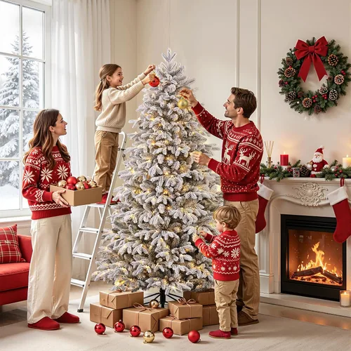 Vista 7 de SHareconn Árbol de Navidad de cedro flocado de 5 pies, 210 luces blancas cálidas y multicolor, diseño moderno de lujo con ramas nevadas flocadas