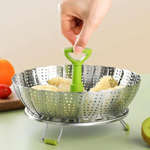 Vista 7 de Cesta de vapor plegable de acero inoxidable (7-11 pulgadas) con mango resistente al calor, ideal para cocinar mariscos, verduras, frutas, expandible