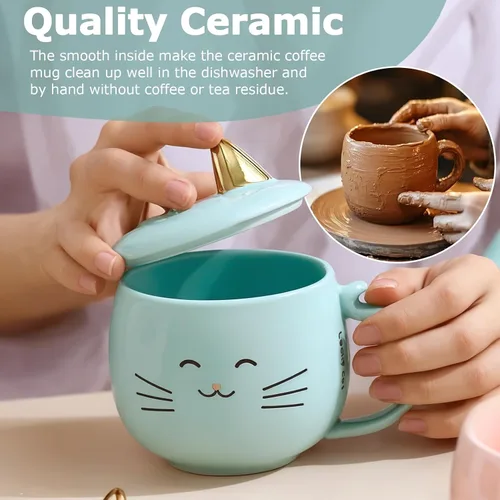 Vista 5 de Yuwu Taza de café de cerámica con cuchara y tapa, taza de 13.5 onzas con tapa de soporte para teléfono, bonita taza de té para mujeres y entusiastas