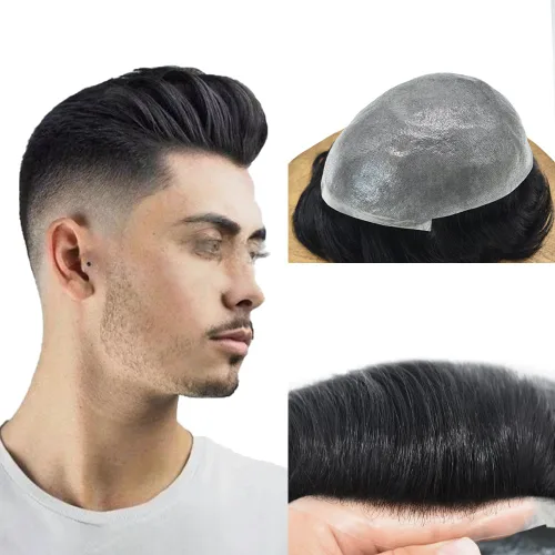 Vista 21 de Pieza de pelo para hombre, sistema de reemplazo de cabello de piel ultra fina para hombres, pieza de pelo de tupé para hombres, cabello humano real