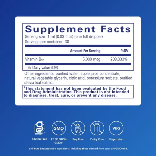 Vista 2 de Pure Encapsulations B12 5,000 Liquid - Suplemento de vitamina B12 metilcobalamina para apoyar la energía, la salud de los nervios, la función