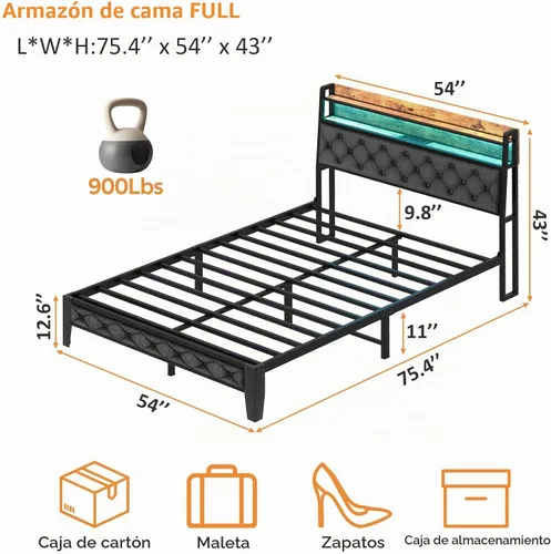 Vista 2 de Winkalon Marco de cama LED completo con cabecero, base de cama con estación de carga, marco de cama de plataforma de metal, tamaño matrimonial,