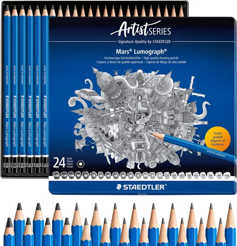 Vista 11 de Set de lápices de dibujo Staedtler Mars Lumograph de grafito, 6 grados (6B, 4B, 2B, B, HB, 2H), mini goma de borrar Mars de plástico, sacapuntas