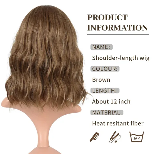Vista 3 de VCKOVCKO - Peluca de cabello castaño claro rizada con flequillo de aire, onda natural rizada, peluca corta estilo Bob para mujer, longitud hasta
