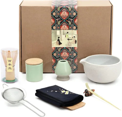 Vista 9 de Artcome Juego de té matcha japonés de 9 piezas, cuenco de matcha con pico vertedor, batidor de matcha, soporte de batidor de cerámica, cuchara