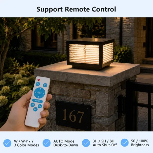 Vista 7 de Luces solares para postes al aire libre, 7.9 pulgadas, luz cuadrada de columna grande con control remoto [S] 7.9"×6.3