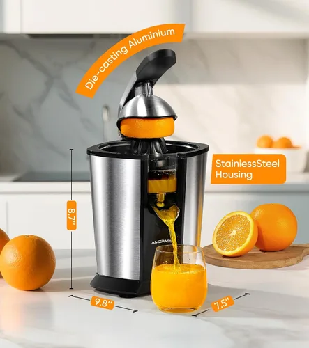 Vista 6 de exprimidor de naranja eléctrico, exprimidor de cítricos con 2 conos y mango de agarre suave para exprimir sin esfuerzo, máquinas extractoras de jugo