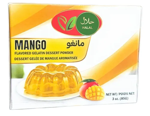 Vista 3 de Paquete variado de polvo de postre de gelatina con sabor halal Mango, piña, fresa , 3 oz cada uno. (paquete de 3)