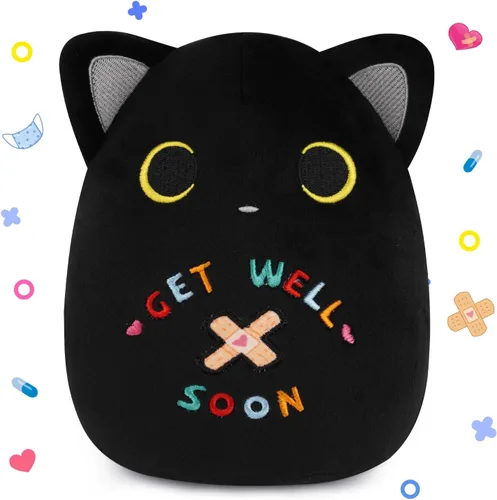 Vista 10 de Regalos para mujeres y niños, peluche de gato negro de 8 pulgadas, animales de peluche con texto en inglés "Get Well Soon", peluches de gato kawaii