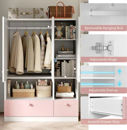 Vista 6 de Armario blanco con barra para colgar, armario independiente de madera de 3 puertas para dormitorio y dormitorio, armarios de dormitorio