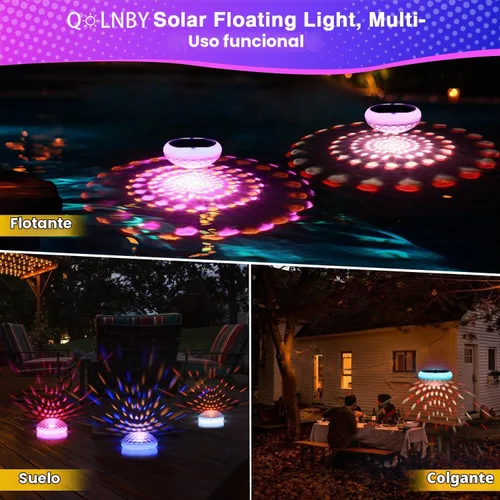 Vista 7 de QOLNBY Luces de Piscina, 2 en 1 Solar USB Recargables Luces Flotantes para Piscina, 6.69 Pulgadas 2600mAh IP68 Impermeable 6 Modos Dinámicos