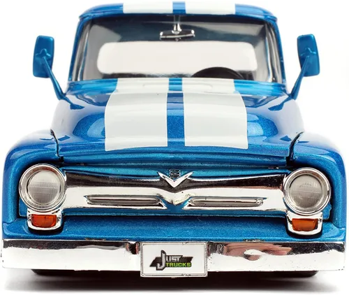 Vista 3 de Jada Just Trucks 1:24 1956 Ford F-100 - Coche fundido a presión con rayas azules y blancas con estante para neumáticos, juguetes para niños y adultos