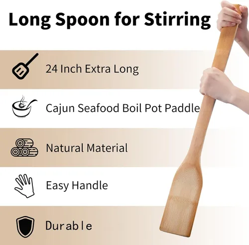 Vista 2 de Cucharas de bambú de mango largo de 24 pulgadas, palitos de madera extra anchos para cocina, espátula plana de bambú para cocinar cangrejos cajún