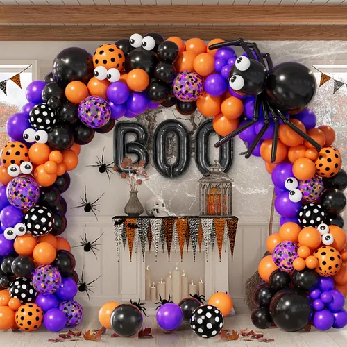 Vista 6 de Kit de arco de guirnalda de globos de Halloween con globos de araña, globos de confeti negro, naranja, morado, globos de papel de aluminio